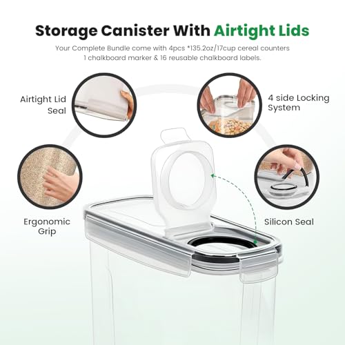 Cereal Containers Storage with Lids - Airtight Kitchen Dry Food Storage Containers & BPA Free Cereal Dispenser For Pantry Organizer And Storage (Clear, 4 Liter Pack of 4) - view 4