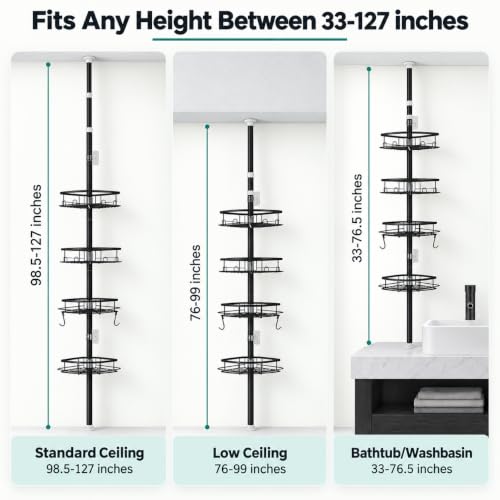 Shower Corner Caddy Organizer, Rustproof 4-Tier Tension Pole Shelf, Black - view 4