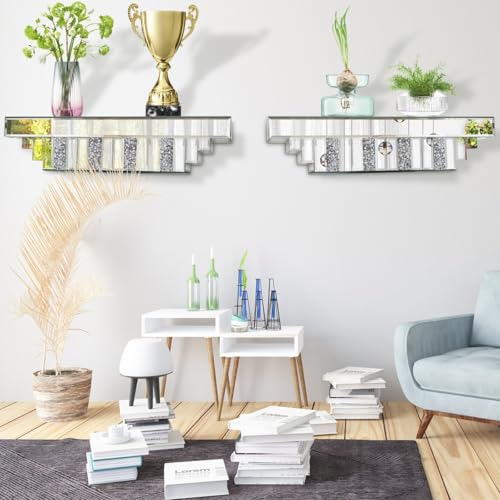 Mirrored Floating Shelf for Wall-23 Crushed Crystal Diamond Wall Shelf, Silver Mirror Display Shelf for Bathroom, Living Room, Bedroom-Glam Art Deco Showcase for Perfume, Jewelry, Small Plants - view 6