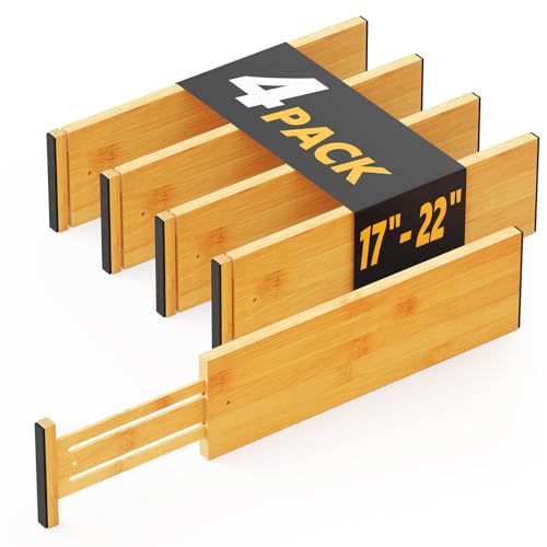 Bamboo 4 Pack Dresser Drawer Dividers, 4.65“ High Adjustable 17“-22” Drawer Organizers, Expandable Organization for Clothing, Clothes, Dressers, Natural