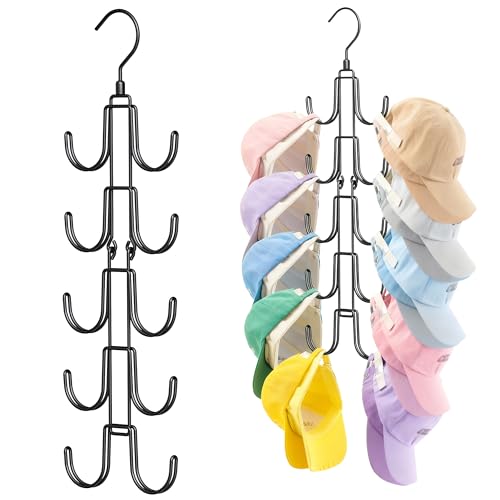 Hat Hangers for Closet, Collapsible Hat Organizer with 10-Hook, Stainless Steel Hat Holder, 360° Rotating Hat Storage Rack for Baseball Caps