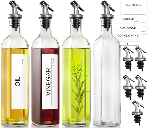 Olive Oil Dispenser Bottle for Kitchen, 4 Pack 17 Fl Oz Glass Oil Dispensers Bottles, Clear Cooking Vegetable Oil Dispenser Container Cruet Set with Plastic Pourer Spout, Funnel and Labels