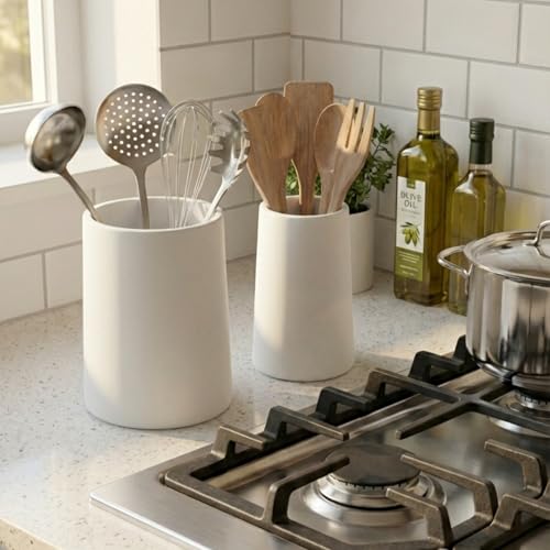 Utensil Holder – 7" Tall x 5.2" Diameter Kitchen Utensil Organizer for Countertop (Matte White, 2 Pack) - view 2