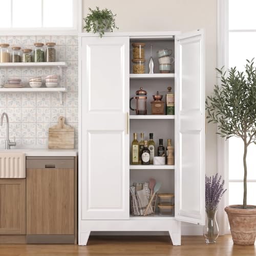 Small White Metal Pantry Cabinet with Doors, 61.4-Inch Tall