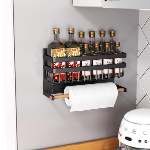Magnetic Spice Rack for Refrigerator Magnetic Paper Towel Holder Shelf Fridge Magnet Organizer Spice Rack Organizer Kitchen Organization Kitchen Storage,black
