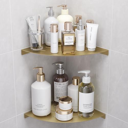 2 Pack Corner Shower Shelves Load Capacity 40 lbs 304 Stainless Steel Shower Corner Shelf Will not Rust 8in Shower Shelf for Inside Shower Brushed Gold Drilling Installation - view 2