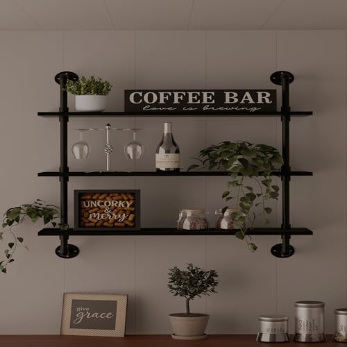 Industrial Pipe Shelf Shelving Bookcase, Wall Mounted Rustic Bookshelf, Floating Bookshelves for Wall,Retro Wood Metal Pipe Industrial Shelves for Living Room