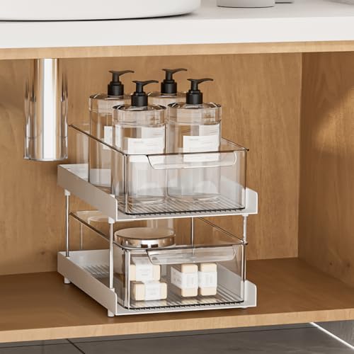 YuzhuSuye Multi-Purpose Pull Out Cabinets Organizer Shelf 2-Tier Under Sink Organizer with Dividers for Bathroom Kitchen Closet and Office (clear)