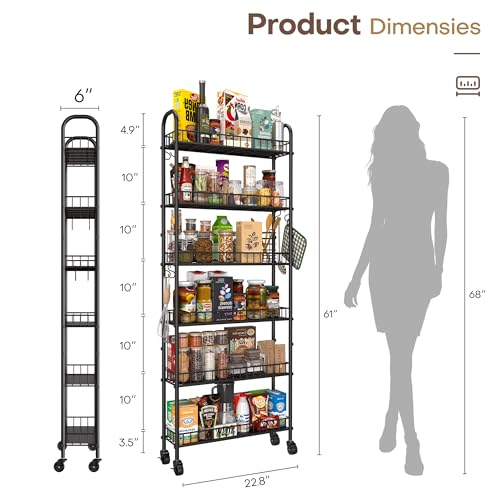 Slim Rolling Storage Cart with Wheels, Metal 6 Tier Spice Rack Mobile Shelving Unit Organizer Kitchen Utility Cart for Office Bathroom Kitchen Laundry Room Narrow Places (6inches) - view 5