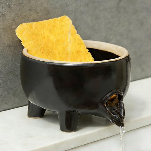 Ceramic Sponge Holder with Drainage, Black Sink Caddy Organizer