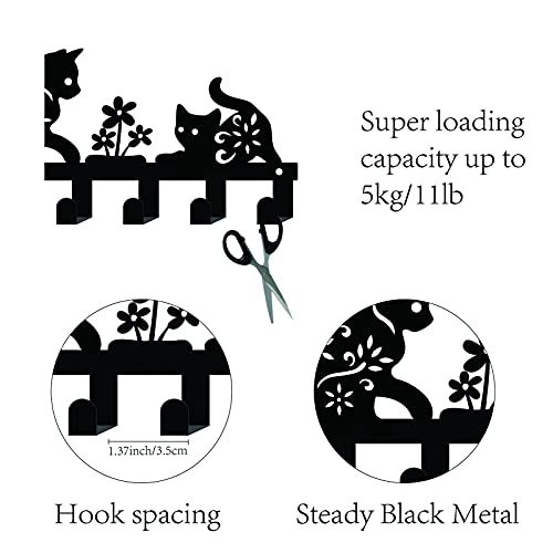 Metal Key Holder Black Key Hooks Wall Mount Hanger Decor Hanging Organizer Rock Decorative with 6 Hooks Cat and Flower Pattern for Front Door Entryway Cabinet Towel 10.6 x 5.1inches - view 3