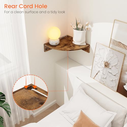 Corner Shelf Wall Mount, Set of 3 Floating Corner Shelves with Cord Hole, 3 Tier Wood Wall Display Shelf, Storage for Bathroom Living Room Kitchen Bedroom, Rustic Brown and Black - view 5
