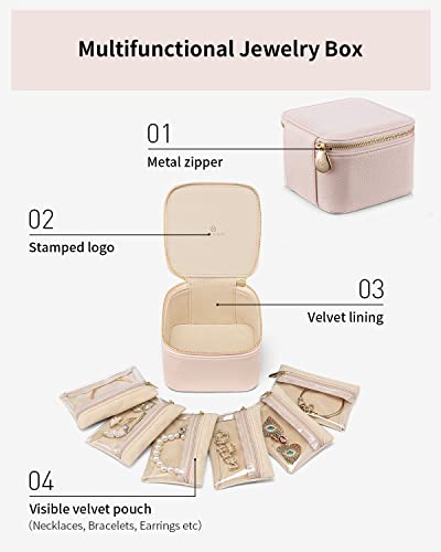 Travel Jewelry Case with 6 Clear Velvet Zipper Pouches,Pink - view 5