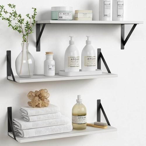 White Floating Shelves 24 inches Long Set of 3, 24 x 8 Inch Bathroom Wall Shelves Over Toilet for Towels, Modern Wood Mounted Storage Shelf for Bedroom Living Laundry Room Kitchen Office Closet