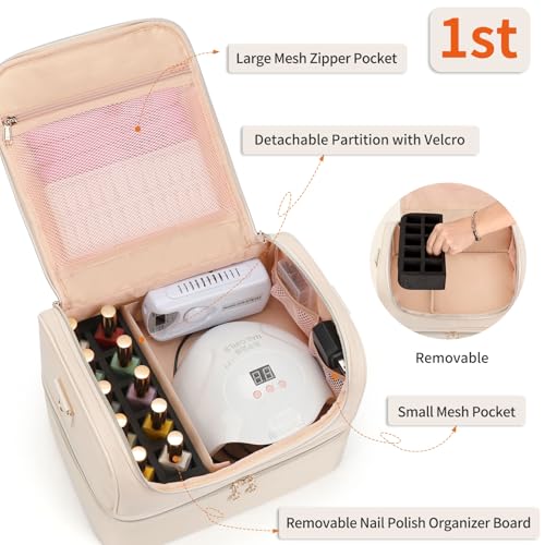 Nail Polish Organizer, Portable Nail Polish Storage Case Holds 45 Bottles Nail Polish & Nail Lamp, Travel Nail Supplies Organizer for Nail Tech Kit & Manicure Tools (White, 45 Slots) - view 3