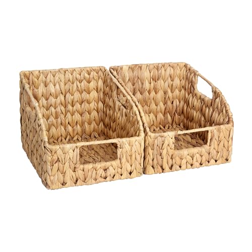 Pantry Baskets for Organizing, Wicker Basket with Built-in Handles, Handwoven Wicker Storage Baskets, Water Hyacinth for Shelves, 2 Pack