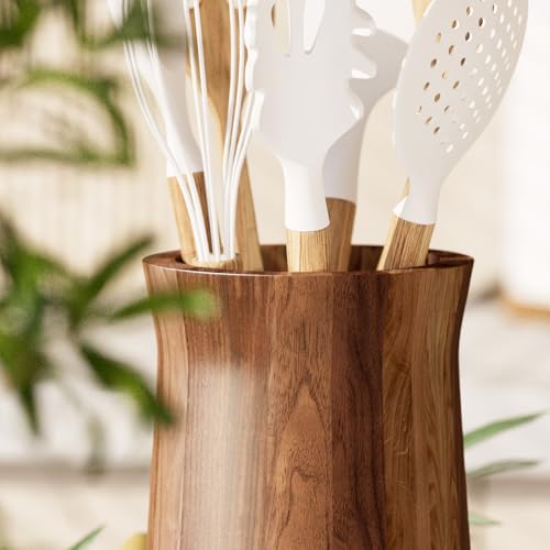 7.2" Utensil Holder for Kitchen Counter Large Round Utensils Holder with Wooden Base Matte Black Cooking Utensil Holder，Kitchen Countertop Utensil Organizer (Wooden) - view 4