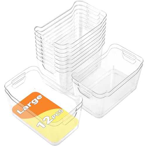 Clear Plastic Storage Bins - 12 Pack Pantry Organizers and Storage,Large Clear Pantry Organizer Bins, Plastic Containers with Handle for Kitchen, Cabinet, Bathroom, Classroom Organization