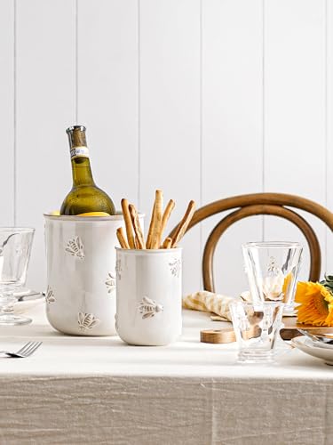 Kitchen Utensil Holder Set of 2 - 6.9"+5.3" Large Ceramic Cooking Utensil Crock & Organizer for Spatula, Spoon, Whisk - Farmhouse Countertop Storage, Arctic White, Embossed, Bee - view 6