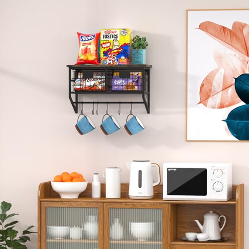 Industrial Wall Mounted Metal Wood Floating Shelves with Baskets Hooks Hanging Display Shelf Sundries Holder for Coffee Bar Kitchen Bathroom Organization and Home Decor, Black (16inch, 1 Set) - view 2