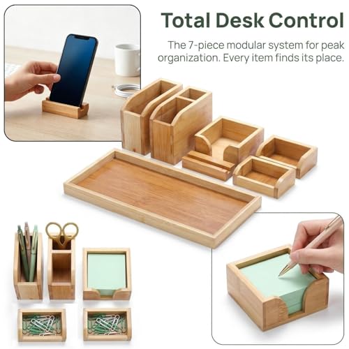 Bamboo Vanity Tray, 7 Pieces Adjustable Pen Holder Stationery Caddy - view 3