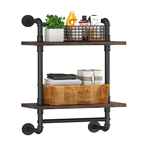 2 Tier Industrial Pipe Floating Bathroom Shelves Wall Mounted with Towel Bar, Rustic Wood Wall Shelf, 16 Inch Metal Towel Rack Storage Bookshelf for Bathroom, Kitchen, Farmhouse, Living Room