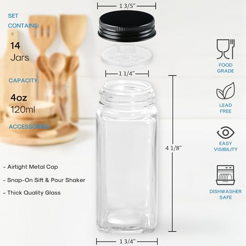 14 Pcs Glass Spice Jars with Black lids - 4oz Empty Square Spice Bottles and Spice Labels - Black Shaker Lids and Airtight Metal Caps - Silicone Collapsible Funnel Included - view 2