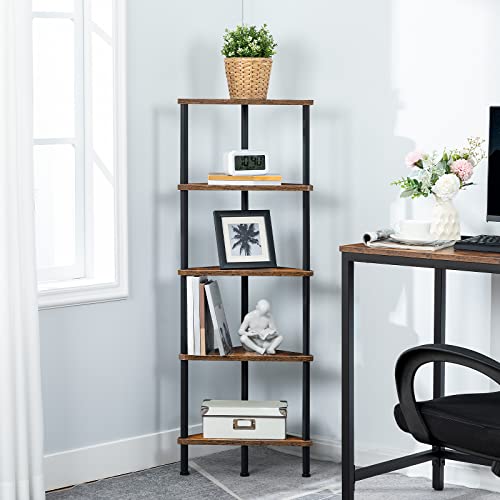 Corner Shelf Stand, Industrial 5-Tier Corner Bookshelf with Metal Frame, Plant Display Shelf, Small Bookcase for Small Spaces, Bedroom, Living Room, Rustic Brown BF33CJ01 - view 6