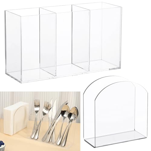 Cutlery Storage Organizer and Napkin Holder Kit, Acrylic Cutlery Utensil Holder Tissue Paper Holder for Kitchen Countertop Organization Hold Fork Knife Spoon Silverware Tableware Storage Box