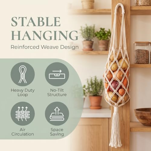 Boho Macrame Hanging Basket, with Compartments Fruit Vegetable Storage Bag - view 3
