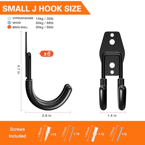 Heavy Duty Garage Hooks 6 Pack, J Shaped Hanger, Wall Mounted Storage System, Power and Garden Tool Organizer, for Hanging Ladders, Bikes Tires, Hose, Bulk Items - view 2