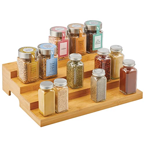 Bamboo Spice and Food Kitchen Cabinet Pantry Shelf Organizer - 4-Tier Storage - Modern Compact Caddy Rack - Holds Spices/Herb Bottles, Jars - for Shelves, Cupboards, Refrigerator - Clear
