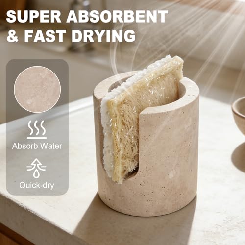 Natural Travertine Sponge Holder for Kitchen Sink w A Plant-Based Sponge - view 2