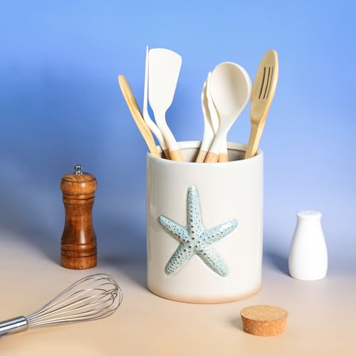 Ceramic Starfish Embossed Utensil Holder, Large Cooking Utensil Crocks for Countertop, Ocean Style Utensil Organizer for Spatula - view 4