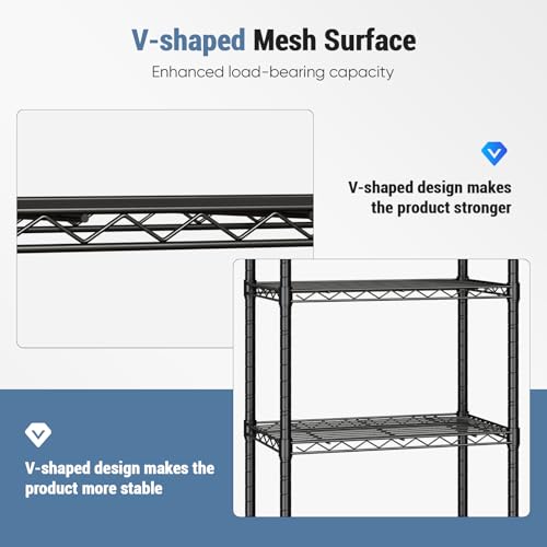 Industrial 4 Level Grid Storage Rack ，Mobile Metallic Shelving System with Lockable Wheels， Multi-Purpose Cabinet for Workshop, Culinary Space, Storeroom, Washroom & Restroom Black - view 6