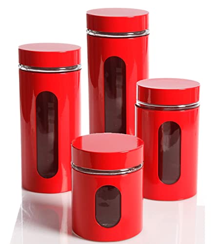 Quality Modern Red Stainless Steel Canister Set for Kitchen Counter with Glass Window & Airtight Lid - Food Storage Containers with Lids Airtight - Pantry Storage and Organization Set - view 6