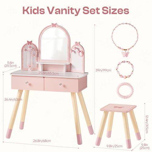Pink Kids Vanity Set with Butterfly Mirror Stool Age 3+, 39in×27in - view 3