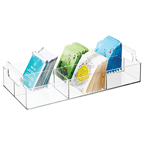 Compact Plastic Tea Storage Organizer Caddy Tote Bin - 6 Divided Sections, Built-in Handles - Holder for Tea Bags, Packets, Sweeteners and Small Packets - Lumiere Collection - Clear