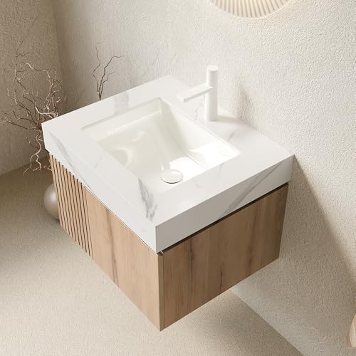 24" Floating Bathroom Vanity with Sink, Plywood Frame, Light Oak - view 6