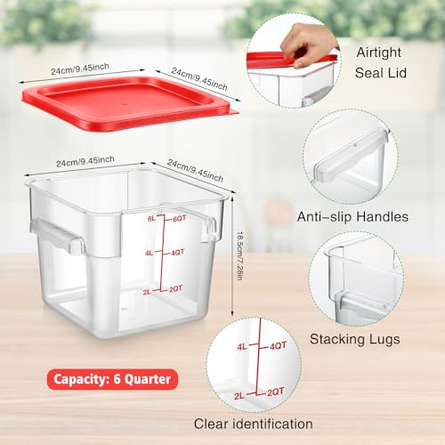 2 Pcs Square Clear Food Storage Container with Lid, Red, 6 Qt - view 2