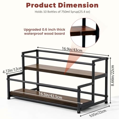 Coffee Syrup Rack Organizer, 2-Tier 10 Syrup Bottles Holder for Coffee Bar,Liquor Bottle Display Shelf,Wine Rack - Rustic Kitchen Cabinet for Spices, Jars - Stepped Pantry Shelf for Wine, Spice & Tea - view 6