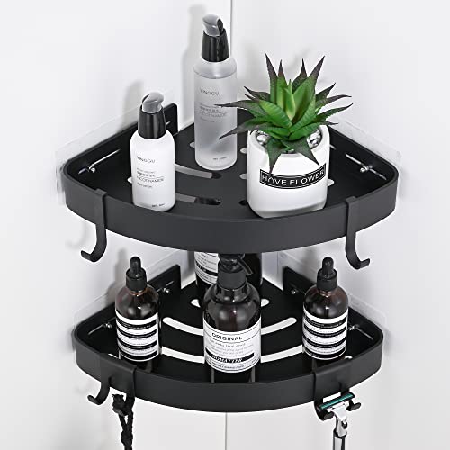 Adhesive Corner Shower Caddy with Hooks, Black, 2 Pack