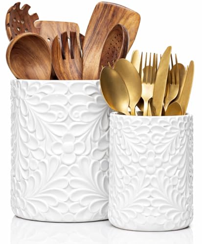 2-Piece Engraved Ceramic Utensil Holder Set for Kitchen, 7.3 & 5.4 Inch