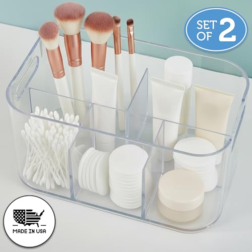 Bliss 5-Compartment Plastic Cosmetics Storage Organizer, Set of 2 | Clear | Rectangular Divided Makeup Bin & Vanity Caddy with Pass-Through Handles | Round Corner Design | Made in USA - view 2