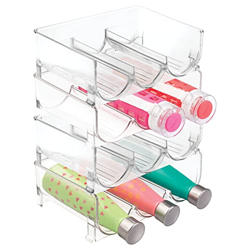 Plastic Free-Standing Stackable 3 Bottle Storage Holder Rack - Water, Wine, and Drink Organizer Shelf for Kitchen Countertop, Cabinet, Pantry, Fridge, Freezer, 4 Pack - Clear