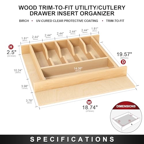 Natural Birch Wood Utensil Drawer Insert Organizer with 9 Compartments, Space-Saving Sturdy Drop-In Cutlery Divider Tray, Kitchen Cabinet Storage for Silverware, Spoons, Forks and Knives - view 2