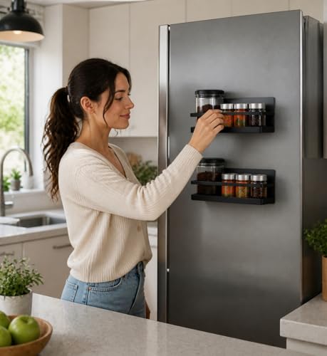 Magnetic Spice Rack Set of 2, Wall Mount or Refrigerator Organizer, Black Matte Steel Kitchen Shelf, Strong Magnetic Back, Drill or No-Drill Installation, Space Saving for Kitchen Organization - view 5