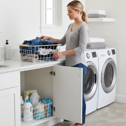 White wire baskets for organizing with Wooden Handles Storage Organizer Baskets, Household snack basket for Cabinets, Pantry, Closets, Bedrooms, pantry organizers and storage - Set of 2（White） - view 6