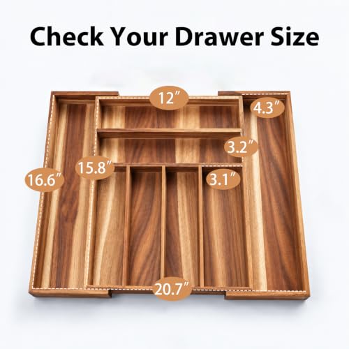 Acacia Wood Expandable Silverware Organizer, Kitchen Utensil Drawer Organizer for Forks & Spoons, 8-Compartment Cutlery Tray, Flatware Holder - view 2