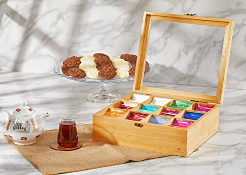 Natural Bamboo Tea Storage Organizer, Clear Acrylic Top, 12 Compartments - view 6